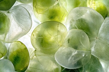 An artistic macro shot of translucent green grapes