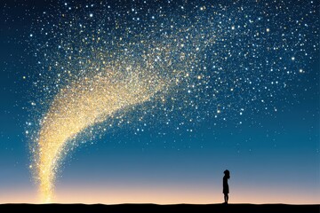Fototapeta premium Ethereal Winter Solstice Night Sky with Starry Stream and Silhouette of a Person in Beautiful Artwork Design