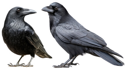 Obraz premium Raven Duo: Two majestic ravens, symbols of intelligence and mystery, stand side-by-side, their obsidian feathers gleaming against a stark white background. 