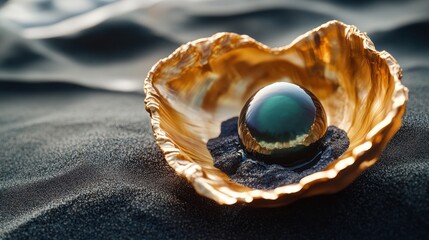 Sea pearl shines in golden shell on sandy beach, reflecting sky. Stock photo