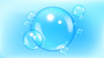 Blue water bubbles. Realistic aqua 3D glossy transparent bubbles. Vector abstract banner for shampoo, moisturizer skin care cosmetics and detergent advertising.