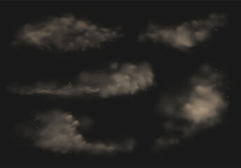 Fototapeta premium Smoky dust. Realistic white smoke and sand cloud with particles, desert sandstorm or dust trails, car exhaust gases. Air pollution elements. Vector isolated set.