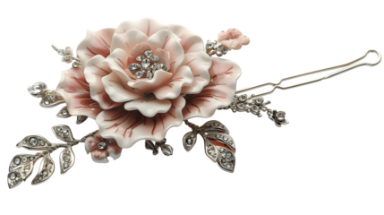 Couture hairpin with rhinestone chains and floral accent, diagonal isolated layout 