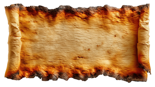 Aged Scroll with Burnt Edges: This close-up showcases a historical relic with a rich, warm tone and a distinct, aged texture, with the edges charred to a rich, dark brown.