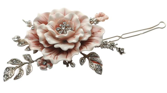 Couture hairpin with rhinestone chains and floral accent, diagonal isolated layout 