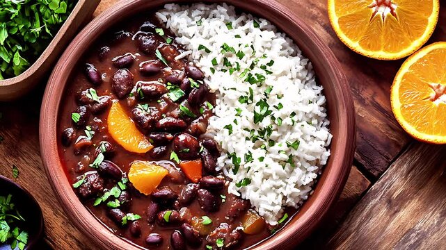 Traditional Brazilian Feijoada served with fluffy white rice and fresh orange wedges on a rustic plate.