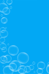 Vertical blue background with soap bubbles flying with free space for text, copy space. Vector illustration. EPS 10