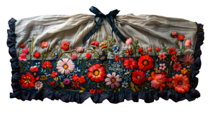 Croatian national dress apron with floral needlework, laid flat with ribbons, white background  