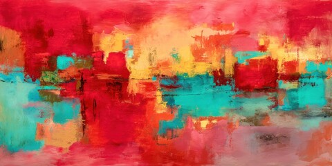 Fototapeta premium A painting of a cityscape with a red and blue background