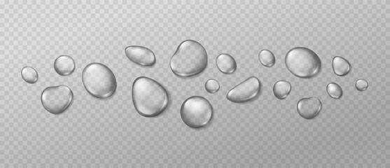 Realistic water drops. Condensation on window wet surface. 3D clear water drops and dew, liquid bubbles on transparent background. Isolated droplets vector set.