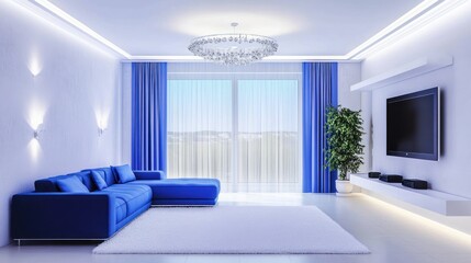 Modern blue living room, city view, cozy interior design, relaxing evening