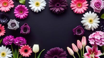 A black background with a variety of flowers including pink and white roses