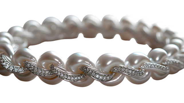 Cultured pearl opera necklace coiled in elegant spiral, high detail, no shadows  
