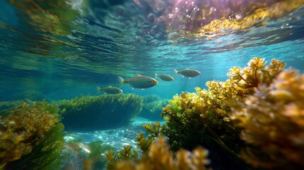 School of Fish Swim in Clear Water with Seaweed Underwater View