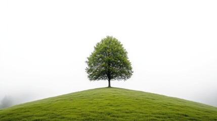 Solitary tree atop a lush green hill, shrouded in mist