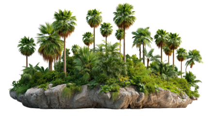 Tropical Island Oasis: A lush, verdant oasis of palm trees and vibrant foliage rises from a small rock formation, showcasing a serene escape from the world.