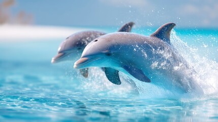 Naklejka premium Dolphins Jumping Out of Crystal Clear Water Near Tropical Beach