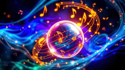 Floating Music Notes Around a Glowing Orb