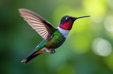 Fototapeta premium a hummingbird in mid-flight, suspended delicately in the air with its wings beating rapidly.