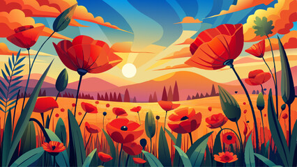 Obraz premium Beautiful nature background with red poppy flower poppy in the sunset in the field. Remembrance day, Veterans day, lest we forget concept.