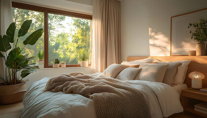 Fototapeta premium a serene sanctuary embracing natures touch in a cozy bedroom bathed in soft light and earthy hues