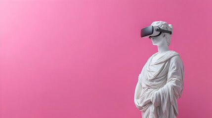 Ancient Statue Wearing Vr Headset Against Pink Background