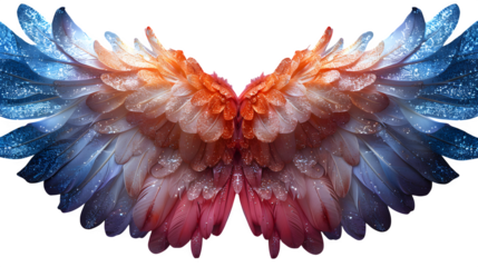 Feathery carnival costume wings with gradient glitter, spread out flat, no background  