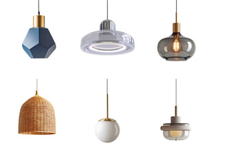 Naklejka premium Set of six modern pendant lights in geometric, wicker, glass, and ceramic styles on black background, minimalist lighting design for interior decor and product showcase use