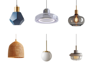 Set of six modern pendant lights in geometric, wicker, glass, and ceramic styles on black background, minimalist lighting design for interior decor and product showcase use