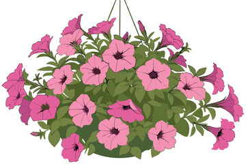 86 Vibrant pink petunias, lush spherical floral arrangement, abundant blooms, dense green foliage, hanging basket plant, garden centerpiece, vivid fuchsia flowers, compact rounded shape, photorealisti