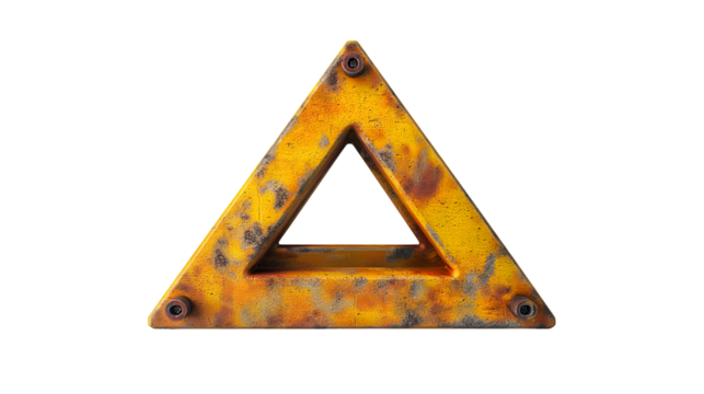 Rusty metal triangle 3D object, industrial geometric design, vintage yellow-brown grunge texture background
