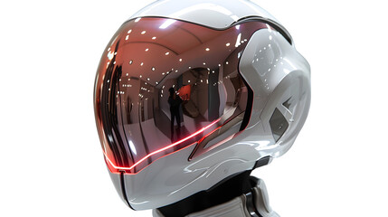 Fototapeta premium Futuristic cosplay helmet with neon visor, isolated from front angle, white background 