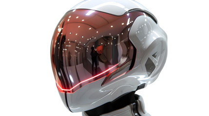 Futuristic cosplay helmet with neon visor, isolated from front angle, white background  