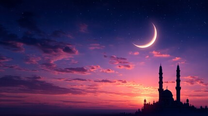 Mosque Silhouette Under Crescent Moon and Colorful Sunset Sky