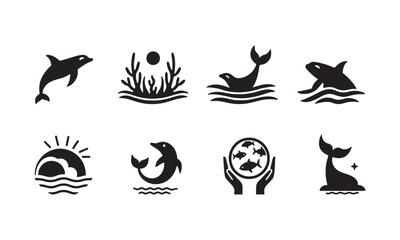Fototapeta premium Marine Life Silhouettes and Icons Vector Set