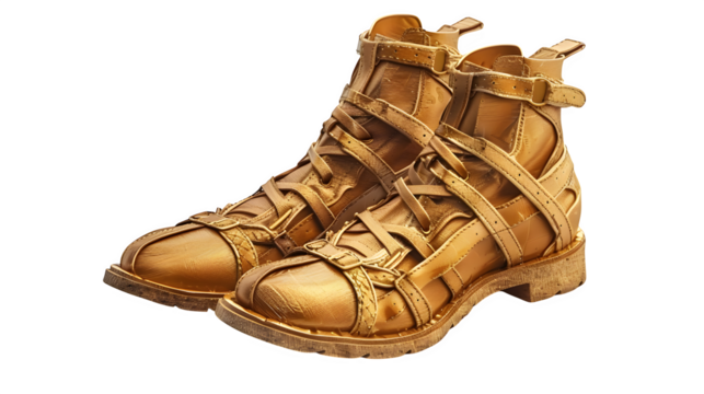 Golden gladiator sandal with lace-up ankle, top-down angled view, floating PNG 