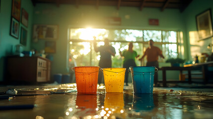 Flooded Room With Colorful Buckets And Happy People