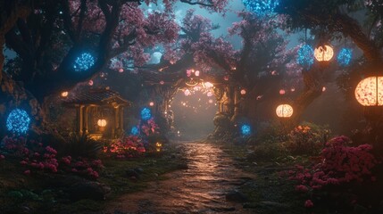 Enchanted nighttime path through a magical forest.