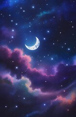Under a dark blue night sky, the crescent moon shares space with countless stars, an astronomical illustration of a serene universe