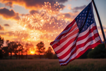 american flag with fireworks in the background