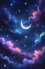 Naklejka premium The dark night sky showcases a bright moon and countless stars scattered across the vast space