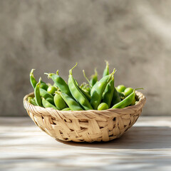 Fresh peas in a small woven basket placed on a light wooden surface
