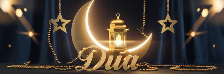 Luxurious Ramadan crescent embracing Golden lantern shining stars detailed rosary elegant 3D gold Dua typography in warm mystical cinematic setting embodying spirituality serenity and festive devotion