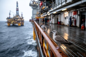 Seagull on Railing with Oil Platform in Background