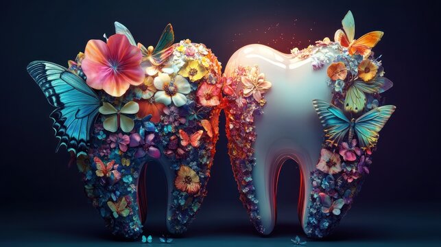 Healthy teeth, floral design, dark background, dental care