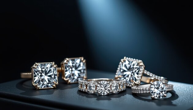 Luxury jewelry set illuminated with spot lighting in dark studio environment sparkle highlights elegance prestige branding