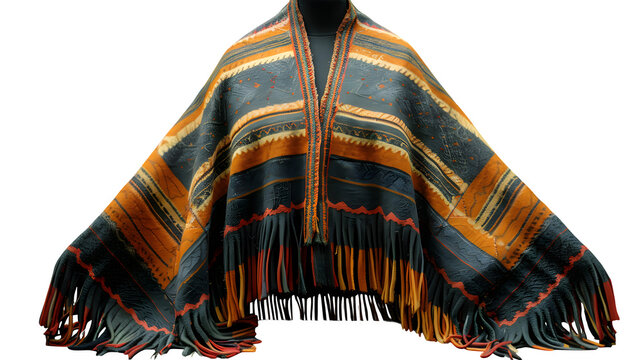Indigenous Colombian ruana wool cape in earth tones, draped wide and flat, no shadows - 