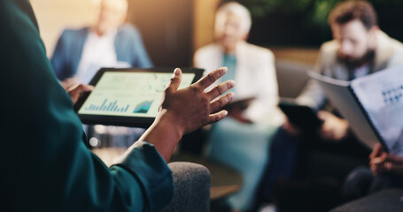 Business graphs, hands and meeting with tablet screen for corporate revenue, company performance or...