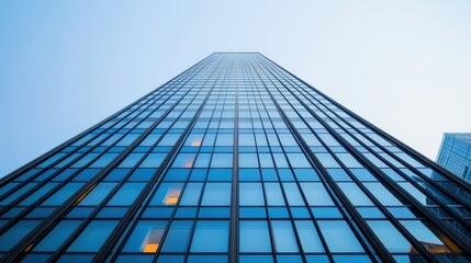 Modern Glass Skyscraper with Vertical Lines Reflecting the Sky in a Clean Urban Environment