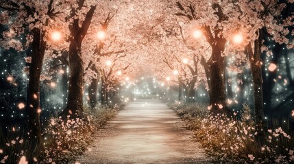 Magical cherry blossom path at night.